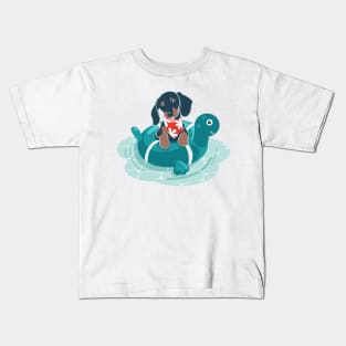 Summer pool pawty // aqua background dachshund dog breed in vacation playing on swimming pool Kids T-Shirt